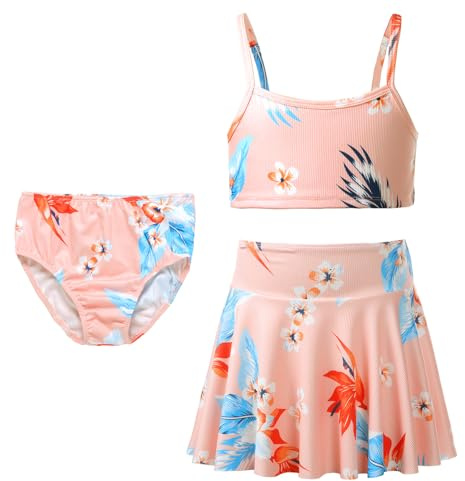 Alaiyaky Tankini MäDchen,Dreiteiliger Bedruckter Hosenträger Tankini Kinder Badeanzug Mit Rock,Sommerbadeanzüge für Kinder Von 6~12 Jahren