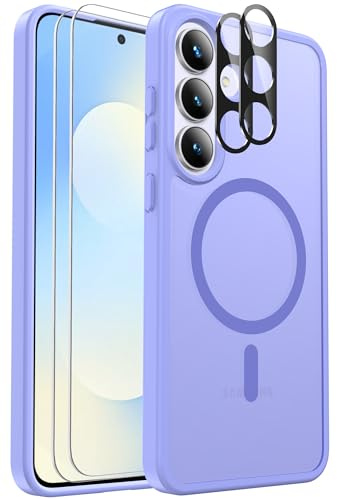 for Samsung Galaxy S25 FE Case Magnetic Shockproof, Fit for MagSafe, with Screen Protector X2 + Camera Lens Protector X2, Translucent Anti-Fingerprint Case for Samsung Galaxy S25 FE (Light Purple)