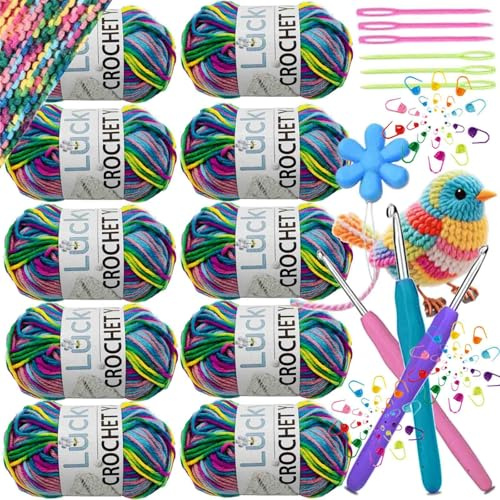 10 Stück Farbe Acryl Wolle zum Häkeln,500g Häkelgarn Bunt Farbverlauf, Acrylgarn zum Stricken, Weiches Mehrfarbiges Garn zum Stricken, Häkeln und DIY Kunsthandwerk (LILA GRÜN GELB)