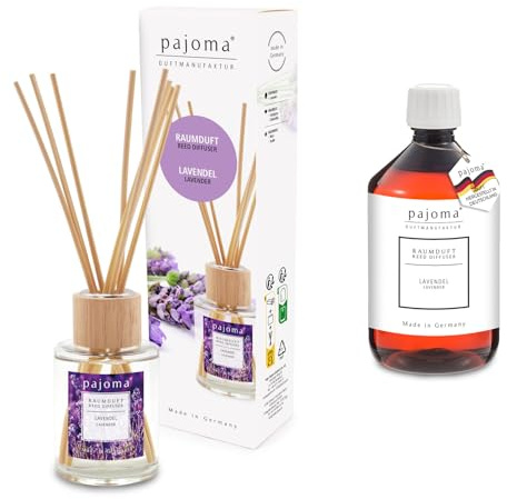 pajoma® Raumduft Lavendel 100 ml + Nachfüller 500 ml | Komplett-Set mit Rattanstäbchen | Langanhaltender Diffuser, Premium Qualität