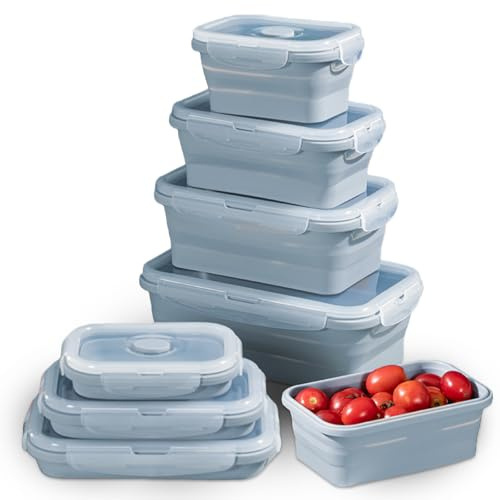 Set om 4 vikbara matlådor, vikbara matburkar, vikbara matförvaringslådor, 350/550/800/1 200 ml, diskmaskinssäkra vikbara burkar med lock av silikon för mikrovågsugn, kylskåp frys (blå)