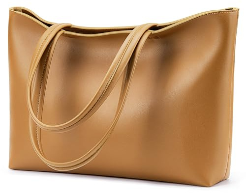 Kalidi Handväska för damer, stor shoppingväska i PU-läder, vattentät tygväska med handtag och dragkedja, perfekt för arbete, resor, shopping och skola, senapsgul, 43 x 27 x 8,4 cm, 15 inches