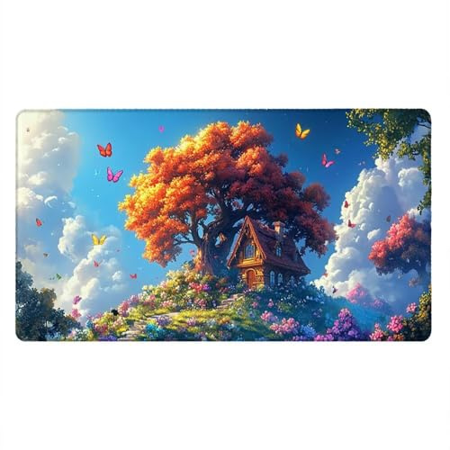 Tappetino Mouse Gaming XXL, 1600x800x3mm Grande Tappetino Scrivania Cuciti Base in Gomma, Mouse Pad Impermeabile Antiscivolo, Desktop Migliora Precisione Velocità (Casa Degli Alberi Farfalla) xR7-761