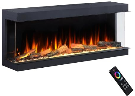 Endeavour Fires Deluxe Rosedale Cheminée Électrique 3 Faces pour Mur Média, App Wi-FI et Télécommande, Crépitement du Feu, Miroir Noir Réfléchissant, Bûches LED, Puissance 1.5 KW (60'')
