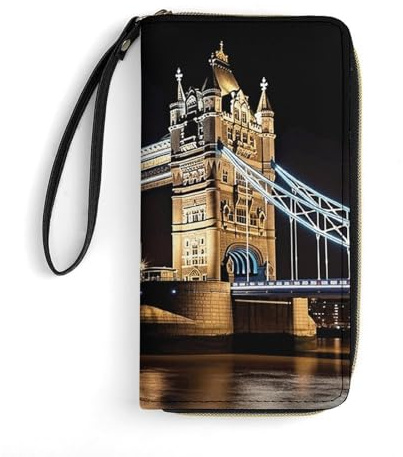 LZQPOEAS Night London Tower Bridge Portefeuille long en cuir synthétique pour amis, poche à monnaie zippée avec motifs, sac à bandoulière pour un usage quotidien
