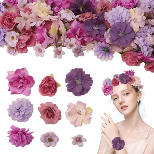 Hwanme 50 PCS Purple Artificial Flowers for Decoration, Elegant Flower Cake Decorations, for Cake Topping, DIY Crafts, Wedding Bridal Bouquet