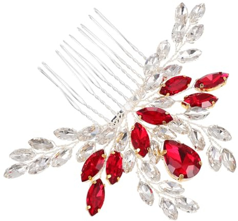 HOMOCONO Eleganter Braut Haarkamm mit Strass und Perlen Seitlicher Haarschmuck für Frauen Geeignet für Verlobungsfeier und Abendparty Roter Haarkamm aus Strass