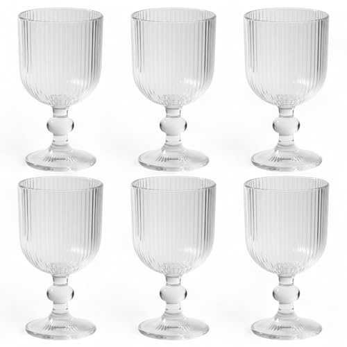 GMMH 6er-Set Geriffelte Trinkgläser und Weingläser, Line, Linie Geriffelt, Ribbed, Glas, Longdrinkgläser, Cocktail Gläser mit Prägung, Trinkglas, Weinglas, Wasserglas (Klar Weinglas)