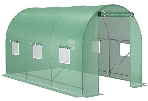 Outsunny Gewächshaus 350x200x200cm Foliengewächshaus Tomatenhaus mit Tür, 6 Fenster, Folientunnel aus verzinktem Stahl, PE, stabiles Treibhaus Pflanztunnel, inkl. Erdanker & Seilen, Grün
