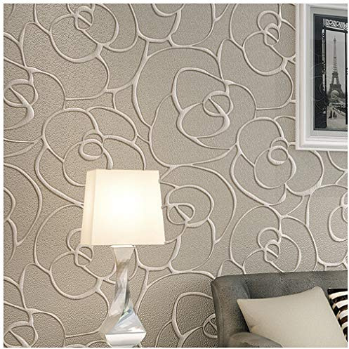 Q QIHANG Modern Minimalist Embossed 3D Rose Flower Non-Woven Non-Self Adhesive Wallpaper Cream&Gray Color 0.53m(1.738' W) x 10m(32.8' L)=5.3㎡(57 sq.ft)