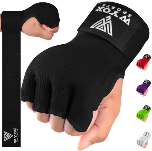 WYOX Gel Boxing Hand Wraps Inner Gloves for Men and Women, Quick 80cm Long Wrist Straps, Elasticated Padded Boxing Wraps for Muay Thai, MMA, Kickboxing, Martial Arts Training Bandages (Black, L/XL)