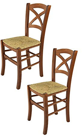 t m c s Tommychairs - Set 2 chaises Cross pour Cuisine, Bar et Salle à Manger, Robuste Structure en Bois de hêtre peindré en Couleur Noyer Clair et Assise en Paille