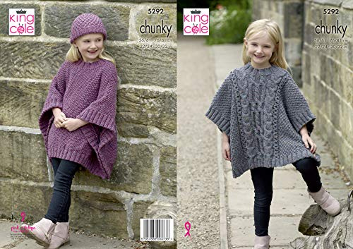 King Cole 5292 Strickmuster für Mädchen Tabbard/Poncho und Mütze aus grobem Tweed, mehrfarbig, Brustumfang 55,9 cm – 81,3 cm