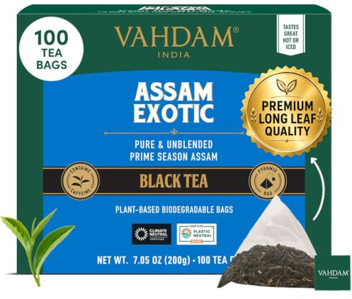VAHDAM, Assam Exotic Té Negro (100 Piramidales Bolsitas De Té) Hojas Sueltas De Té Assam 100% Puro Y Sin Mezclar | Envasado Fresco En La India | Caliente, Frío O Como Kombucha
