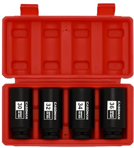 CASOMAN 1/2-Inch Drive Deep Spindle Axle Nut Impact Socket Set,12 Point, Metric, CR-MO, 30,32,34,36mm, 4-Piece 1/2 Heavy Duty Impact Socket Set