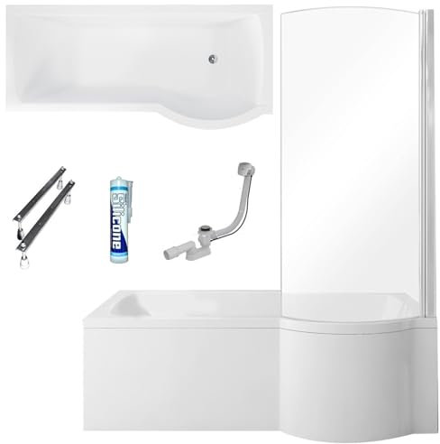 ECOLAM Duschbadewanne Inspiro 150x70 cm + Schürze RECHTS I Set Badewanne + Badewannenabtrennung I Duschwand Eckbadewanne Ablaufgarnitur Füße Silikon Acryl weiß