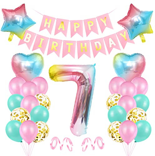 Luftballon 7 Geburtstag Rosa, Geburtstagsdeko 7 Jahr Mädchen, Riesen Folienballon 7 Rosa, Deko 7 Geburtstag Mädchen, Ballon 7 Deko zum Geburtstag, Bunt Folienzahlen Ballons 7, Banner