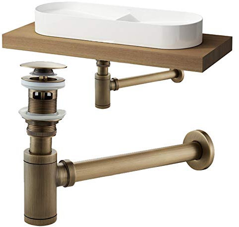 Messing Runde Flasche P Siphon Waschbecken Stopper P-Trap Komplettset Verstellbar Flaschenverschluss Massives Messing Waschbecken Ablaufgarnitur für Badezimmer Schrank Waschbecken