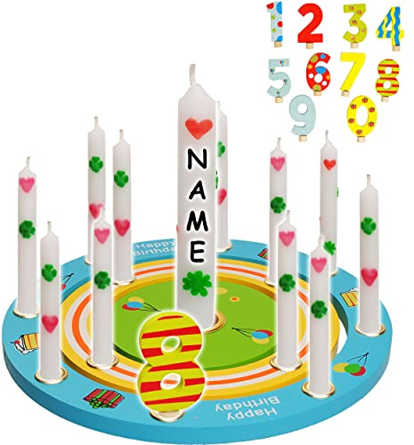 alles-meine.de GmbH 3 TLG. Set: Geburtstagsring/Geburtstagskranz - aus Holz + 20 Zahlenstecker + 22 Kerzen mit Lebenslicht - inkl. Name - 19 cm - Kinder bunt/blau - gelb - gr..