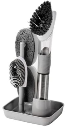 4 Replaceable Soap Dish Brushes Dishwashing Brushes Liquid Soap Brushes Long-handled Kitchen Cleaning Brushes Kitchen Brushes Set, Used for Washing Dishes, Pans and Sinks (Grey)