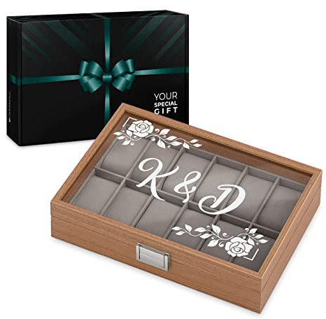 Maverton Uhrenbox mit Gravur für 12 Uhren - Uhrenkästchen Aufbewahrungsbox mit Deckel - Uhrenhalter für Paare - zur Hochzeit - zum Hochzeitstag - Farbe: Braun - Rose