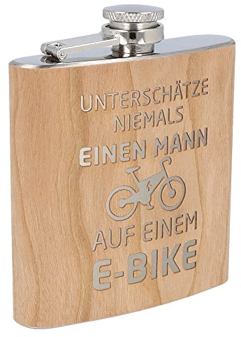 Spruchreif | Gravierter Edelstahl Flachmann | Holz Flachmann mit Gravur E-Bike | Outdoor Geschenk | Geschenk für Radfahrer und Mountainbiker | E-Bike Geschenk | Lustige Geschenkidee für Männer