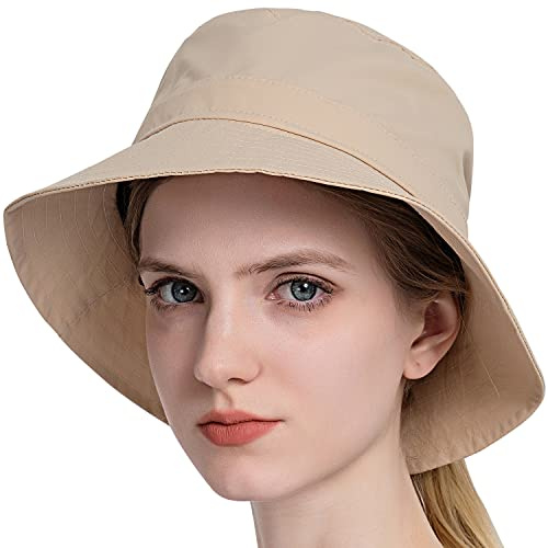 WANYIG Sonnenhut Damen Faltbar Pferdeschwanz UV Schutz Sommerhut Frauen Outdoor Hut Gartenhut Wanderhut Anglerhut Boonie Hat mit Kinnband und Zopfloch (Beige)