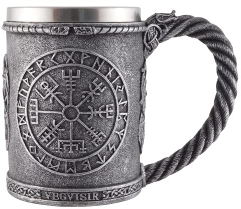 Wikingerkrug Kompass Vegvisir, aus Kunststein gefertigt und von Künstlerhand bemalt, mit einen Edelstahleinsatz von 600 ml