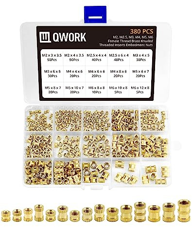 QWORK® 380stk Messing Gewindeeinsat Zeinpressmuttern M2 M2.5 M3 M4 M5 M6 Innengewinde Rändelmuttern Sortiment Kit für Kunststoffteile 3D Druckteile durch Ultraschall und Wärme