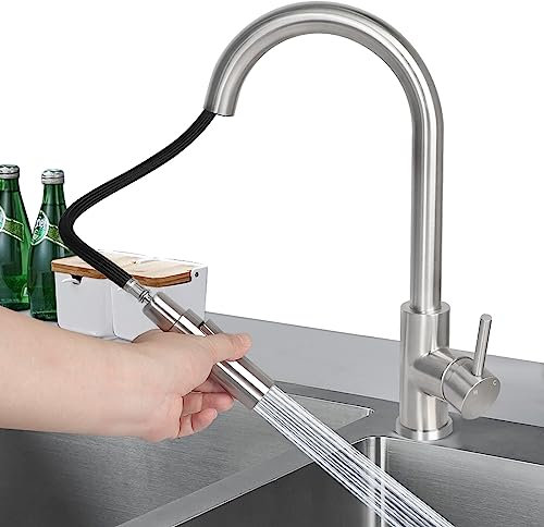 Robinet cuisine, robinet haute pression cuisine avec douchette extractible, robinet d'évier cuisine, pivotant à 360° deux fonctions de pulvérisation, inox