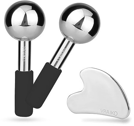 VRAIKO ICES Globes Gua Sha Set, herramientas faciales Gua Sha, acero irrompible, masajeador facial, rodillos refrescantes para ojeras, hinchazón y drenaje linfático (Negro)