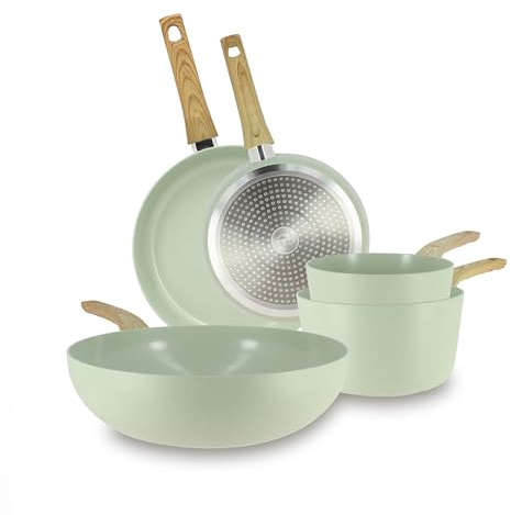 MENASTYL - Batterie de cuisine 5 pièces avec revêtement antiadhésif céramique (Sans PFAS/Sans PTFE) tous feux dont induction - 2 poêles / 2 casseroles / 1 wok - Gamme Colorama - Céladon - 6014166