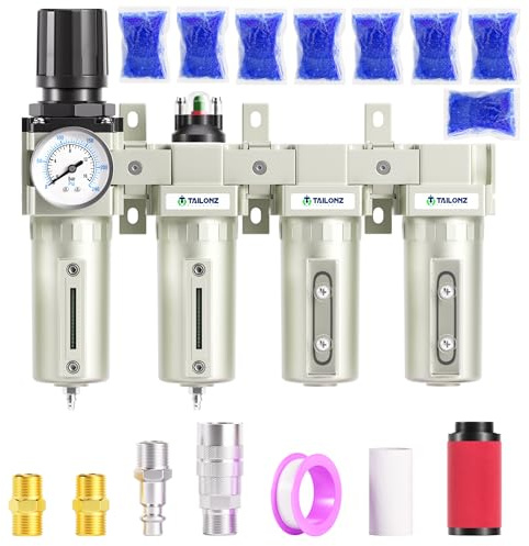 TAILONZ PNEUMATIC 0-240PSI 1/2 Inch NPT Industrial Grade 4 Stage Air Drying System, Particulate Filter, Coalescing Filter, Double Desiccant Dryer and Air Regulator (Manual Drainage)