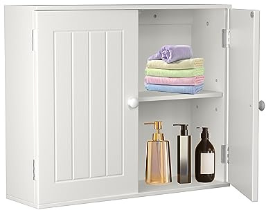 Hängeschrank 2-Stöckiges mit 2 Türen für Badezimmer/Toiletten, Badezimmerschrank Badschrank Weiß, Wand/Bodenmontage Wandschrank, MDF-Werkstoff, Tragfähigkeit ca. 10 KG, Größen: 60 × 15.2 × 50.3cm