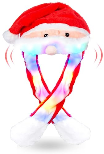 LED Weihnachtsmütze,Beweglicher Bart Hut,Mütze mit Beweglichen Ohren,Weihnachtsmann Plüsch Hut,Weihnachtsmütze Lustiger Hut für Cosplay Urlaub Weihnachten Karneval Party Geschenk für Erwachsene Kinder