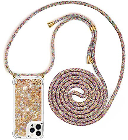 YuhooTech Handykette Hülle Kompatibel mit iPhone 15 Pro Handyhülle Quicksand Glitzer Hülle mit Band - Silikon Handyhülle mit Kordel Umhängenband - Schnur mit Treibsand Case zum Umhängen