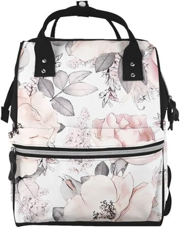 OrcoW Rosa Blumen Drucken Wickeltasche Mumie Rucksack Große Kapazität Multifunktions Wasserdichte Windel Tasche Für Mama Und Papa, Schwarz , One size