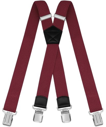 HNOOM Hosenträger für Herren Damen: Breit 3.8 cm, Einstellbar und Elastisch Arbeitshose Hosenträger, 4 Starken Metall Clip, X Form, Einheitsgröße für Männer und Frauen (Weinrot)