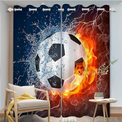 FABTOP Fußball Sport Verdunkelungsgardinen für Jungen183×160cm | Atmungsaktiver Stoff, blickdichte Verdunkelung, cooler Fußball 3D-Druck für Kinder- & Wohnzimmer(183×160BxH (91.5×160cm×2)