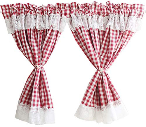 ❀ kurze Gardinen, Café-Vorhänge im ländlichen Stil, Gingham-Muster, kariert, kariert, Volant, Baumwolle, for die Küche, kurzer Vorhang mit Spitzenstangentasche, Fenster-Stufenvorhänge (Größe: B x H 23