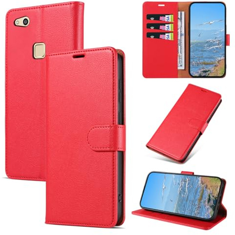 KKEIKO Handyhülle für Huawei P10 Lite Hülle, Magnet Klappbar Handyhülle mit Kartenfach, PU Leder Stoßfest Schutzhülle für Huawei P10 Lite, Rot