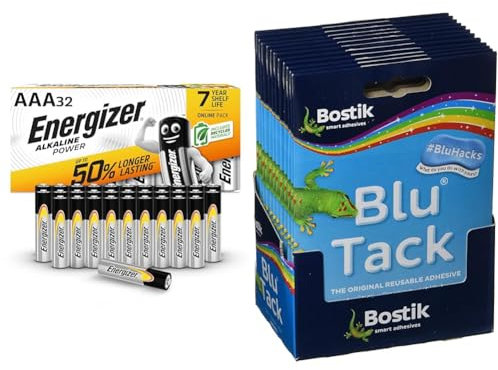 Energizer AAA Batteries, Alkaline Power, Triple A Battery Pack, 32 Pack (Packaging May Vary) & Bostik 24552 Blu-tack Mastic Adhesive Non-toxic Handy Pack Ref 801103 [Pack of 12], Blue