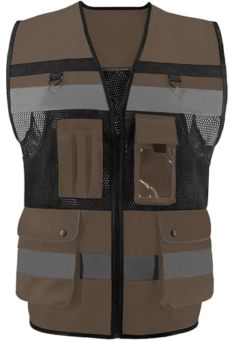 OPLERAI Safety Vest Reflective Construction Vests with 7 Pockets and Zip High Visibility Vest for Men Hi Vis Mesh Work Vests Meet ANSI/ISEA 107-2020 Class 2(Khaki M)