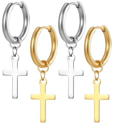 LuLiyLdJ 2 Paires Boucles d'oreilles Croix Boucle d'oreille Croix Boucle d'oreille Homme Boucle Doreille Homme Boucles d'oreilles Femme Acier Inoxydable (Or, Argent)