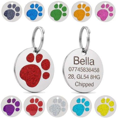 Médailles d'identification gravées personnalisées pour chiens et chats – Personnalisables avec le texte de votre choix sur une médaille ronde en acier inoxydable à motif empreinte de patte pailletée