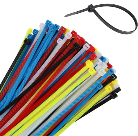 Packung mit 100 Kabelbindern wiederverschließbar 200 x 4mm, Farbige Kabelbinder UV-beständig & Reißfest, Farben Rot/Gelb/Blau/Grün/Schwarz/Weiß