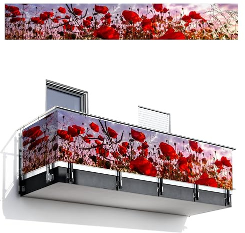 MuchoWow© Balkon Sichtschutz Einseitig 80x500 cm Groß PVC Kunststoff Garten Windschutz ohne Bohren Wetterfest Sichtschutzzaun Terrasse Balkonverkleidung Deko Panorama - farbenfroh - Mohnblumenfeld