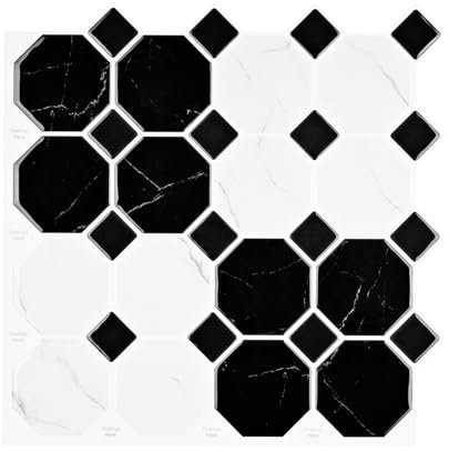 Wallercity Lot de 10 feuilles de carreaux de carrelage mural à décoller et à coller pour dosseret de cuisine, 30,5 x 30,5 cm, imitation pierre, imperméable, aspect marbre noir/blanc, pour décoration