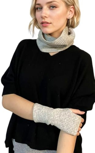 Prettystern Rippstrick Herren Damen Kaschmir Loop-Schal Cashmere Rollkragen Schlauch-Tuch Handschuhe Handstulpe Set Hellgrau