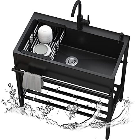 GODFSAHG Allzweckspülbecken für die Waschküche, freistehendes schwarzes Küchenspülbecken, robuste Einzelspüle aus Edelstahl 304 für Keller, Bar, Garage, Büro oder Geschäft, mit Wasserhahn,